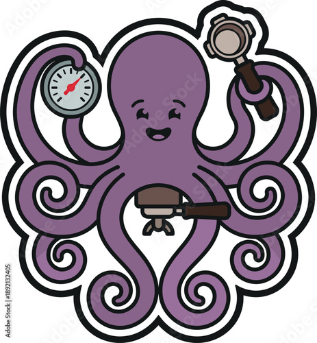 Cute octopus barista with espresso tools, coffee shop vector t-shirt design