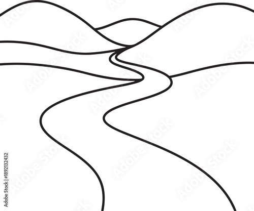 Winding road through rolling hills, minimalist black and white line art illustration, concept of journey or path , Generative Ai