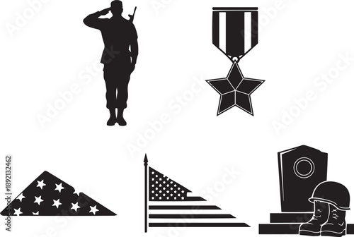 Black and white military including soldier salute star medal american flag triangular flag grave stone and helmet
