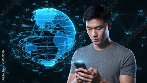 Wallpaper Mural Man Using Smartphone with Global Network. Torontodigital.ca
