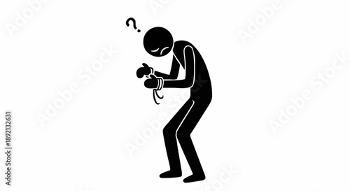 Confused stick figure with hands tied and question mark above head.