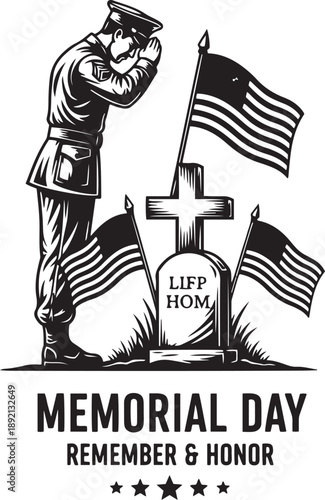 Memorial Day soldier saluting grave with American flags salute