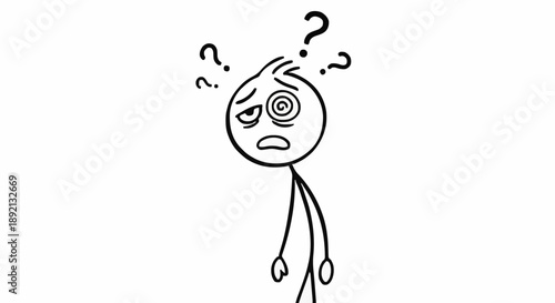 Confused stick figure with question marks and dizzy eyes.