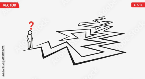 Confused person standing at a complex maze entrance with a question mark.