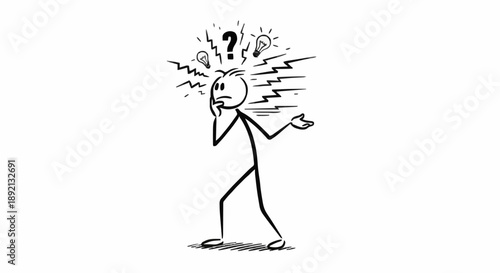 Confused stick figure with question mark and lightbulbs over head.