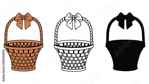 Three illustrations of baskets with bows on a white background