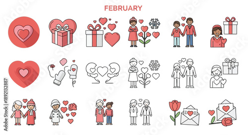 Collection of diverse colorful and outline icons representing February holidays including valentines day love symbols gifts couples and winter elements