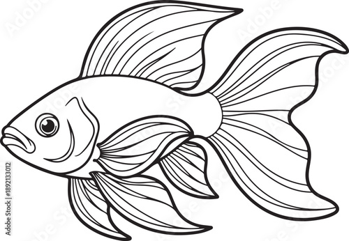 Side view of a graceful goldfish with flowing fins, detailed black and white outline drawing, aquatic pet illustration , Generative Ai