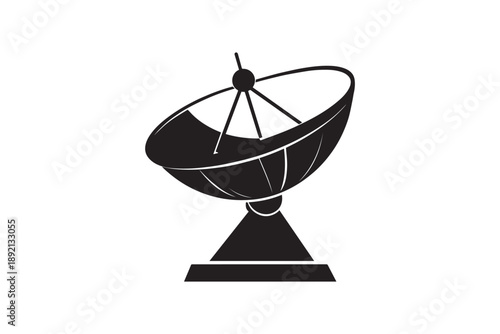 Black silhouette of satellite dish on triangular base against a white backdrop
