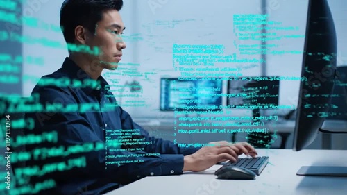 Wallpaper Mural Man Working on Computer with Code Overlay. Torontodigital.ca