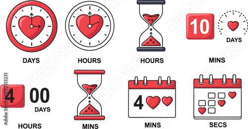 Collection of charming heart-themed countdown timer icons representing various time durations like days hours minutes and seconds