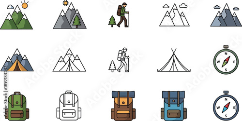 Collection of stylized adventure and outdoor activity icons featuring mountains hikers backpacks tents and navigation compasses for travel design