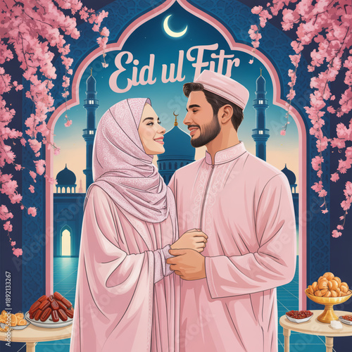 A joyful muslim couple celebrating eid ul fitr with traditional attire and mosque backdrop