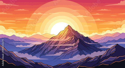Majestic stylized mountain peak illuminated by a vibrant sunset featuring layered purple foothills and soft atmospheric clouds in a digital art style