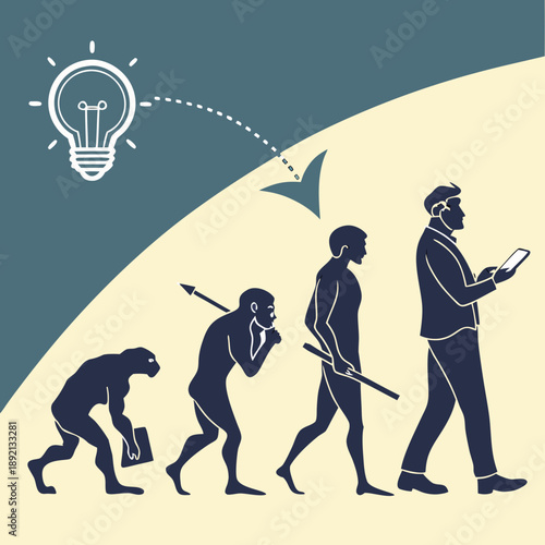 Human evolution from ape to modern man with lightbulb
