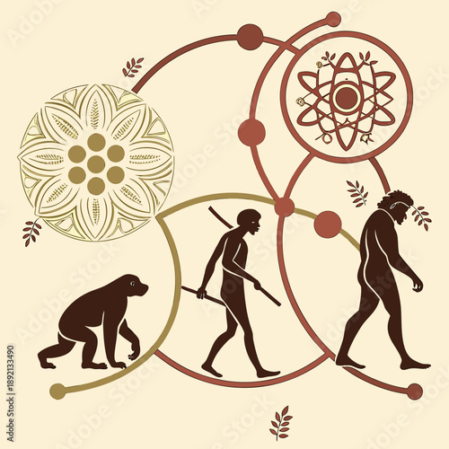 Evolutionary march symbolizing biological and atomic transformation