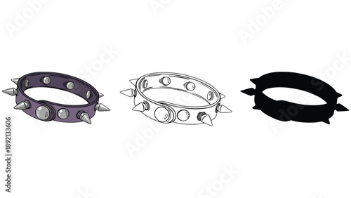 Three spiked bracelets in different colors and styles on a white background