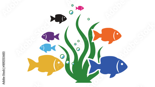 A colorful illustration of fish swimming around aquatic plants underwater