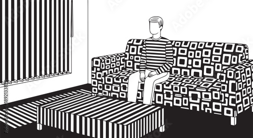 Man in Striped Shirt Sitting on Patterned Sofa in Surreal Op Art Living Room Minimalist Vector Illustration