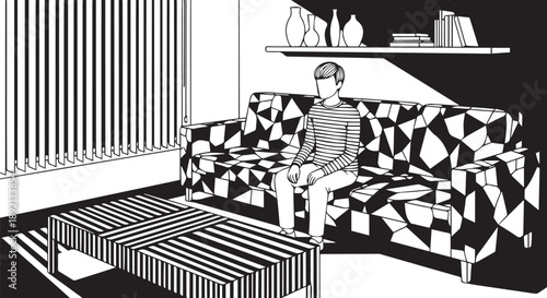 Minimalist Monochrome Living Room Illustration with Man on Geometric Patterned Sofa