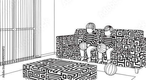 Optical Illusion Illustration of Children Sitting on a Patterned Sofa in a Minimalist Living Room with Abstract Geometric Camouflage Art