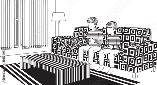 Minimalist Line Art Illustration of Two People Sitting on a Patterned Sofa in a Modern Living Room Interior