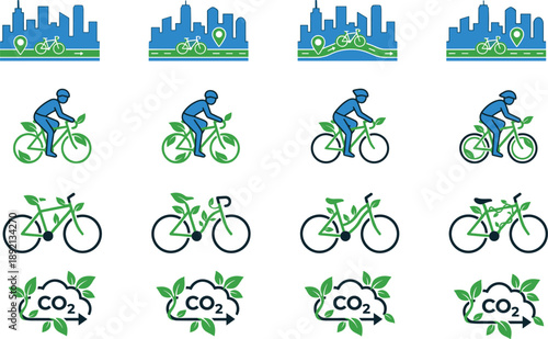 "Stylized icon sequence promoting urban cycling with cityscape, rider, bike, and CO₂ reduction symbol for sustainable transportation and environmental awareness"