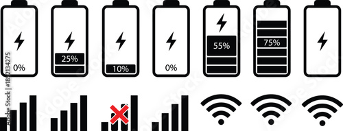 "Stylized icon set of battery charge levels and signal strength indicators for mobile device UI, connectivity status, and power monitoring design"