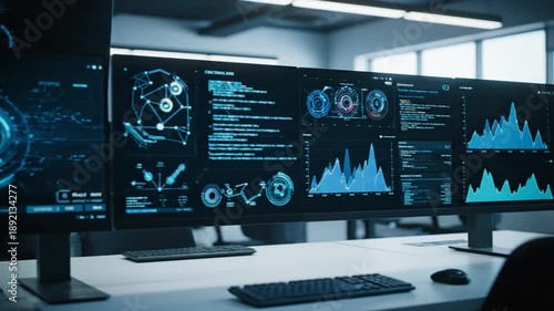 Wallpaper Mural Multiple Computer Monitors Displaying Data Analytics. Torontodigital.ca