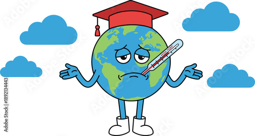 "Cartoon Earth with graduation cap and thermometer, showing fever and tired expression to symbolize global warming and climate change awareness"