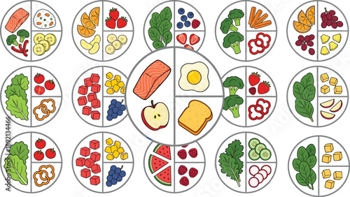 "Colorful illustration of balanced meal plates featuring proteins, fruits, vegetables, and grains for healthy eating, nutrition education, and dietary variety"