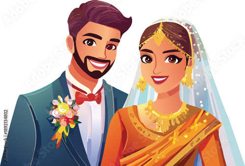 Wedding Indian couple bride and groom clipart vector illustration