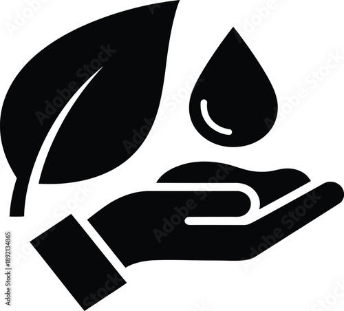 Earth day conservation logo with hand holding leaf and water droplet symbolizing environmental protection and sustainability