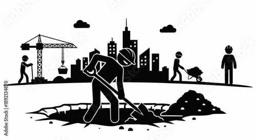 Construction worker digging hole in city with crane and buildings.