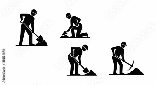 Construction Worker Digging Soil With Shovel And Pickaxe Icons.