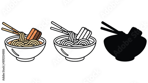 An illustration of three bowls of noodles with chopsticks