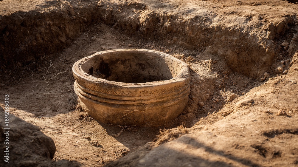 Fototapeta premium latrine. An unearthed ancient ceramic latrine at an archaeological dig site. event programs, museum guides, designed for cultural heritage projects and event programs.
