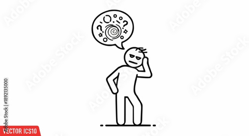 Confused stick figure with question marks and spiral in thought bubble.