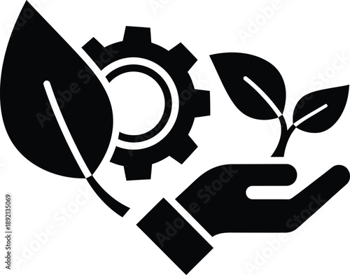 Earth day logo with hand holding leaf and gear symbolizing environmental conservation and sustainability