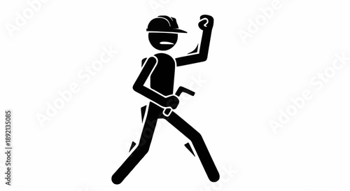 Construction worker celebrating success with fist pump and wrench.