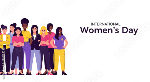 A diverse group of women standing together, celebrating International Women's Day, symbolizing unity, empowerment, and gender equality.