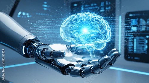 Wallpaper Mural Robot Hand Holding Glowing Brain Icon Future Technology. Torontodigital.ca