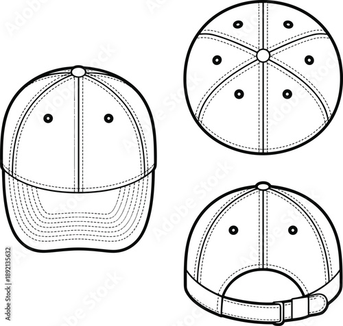 Detailed line showcasing a baseball cap from front and back views with stitching details headwear