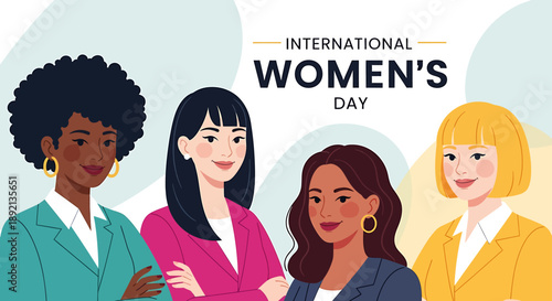 Four diverse women celebrating International Women's Day, showcasing unity and empowerment.