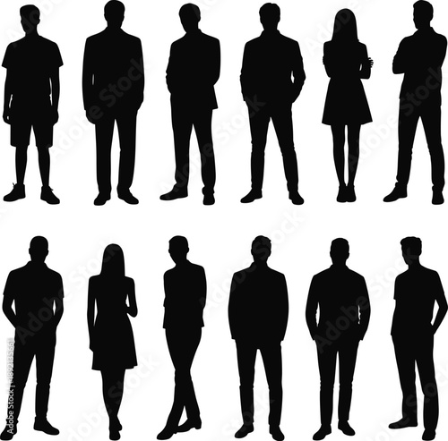 Diverse group of black silhouette figures of men and women standing in various poses against a white background