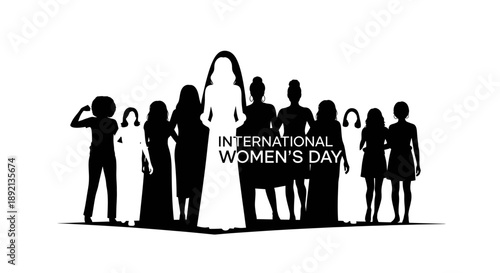 A powerful silhouette illustration celebrating International Women's Day with a diverse group of women.