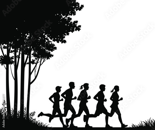 Diverse group of people running together in silhouette against a white background with trees and grass on the left side of the frame