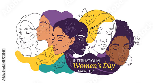 Stylized illustration of diverse women's faces celebrating International Women's Day on March 8th, showcasing unity and empowerment.