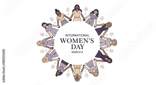 A diverse group of women holding hands in a circle, celebrating International Women's Day on March 8, symbolizing unity and empowerment.