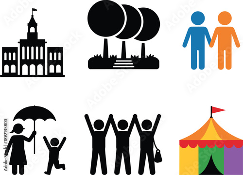 Collection of flat representing community buildings, nature, people, and leisure activities symbols